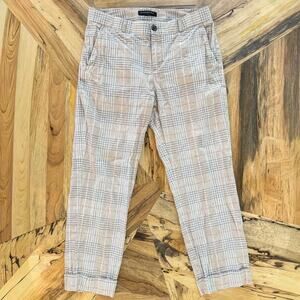 Banana Republic Avery Fit Linen Plaid Ankle Pants Slim Trouser Beige Cream SZ 6